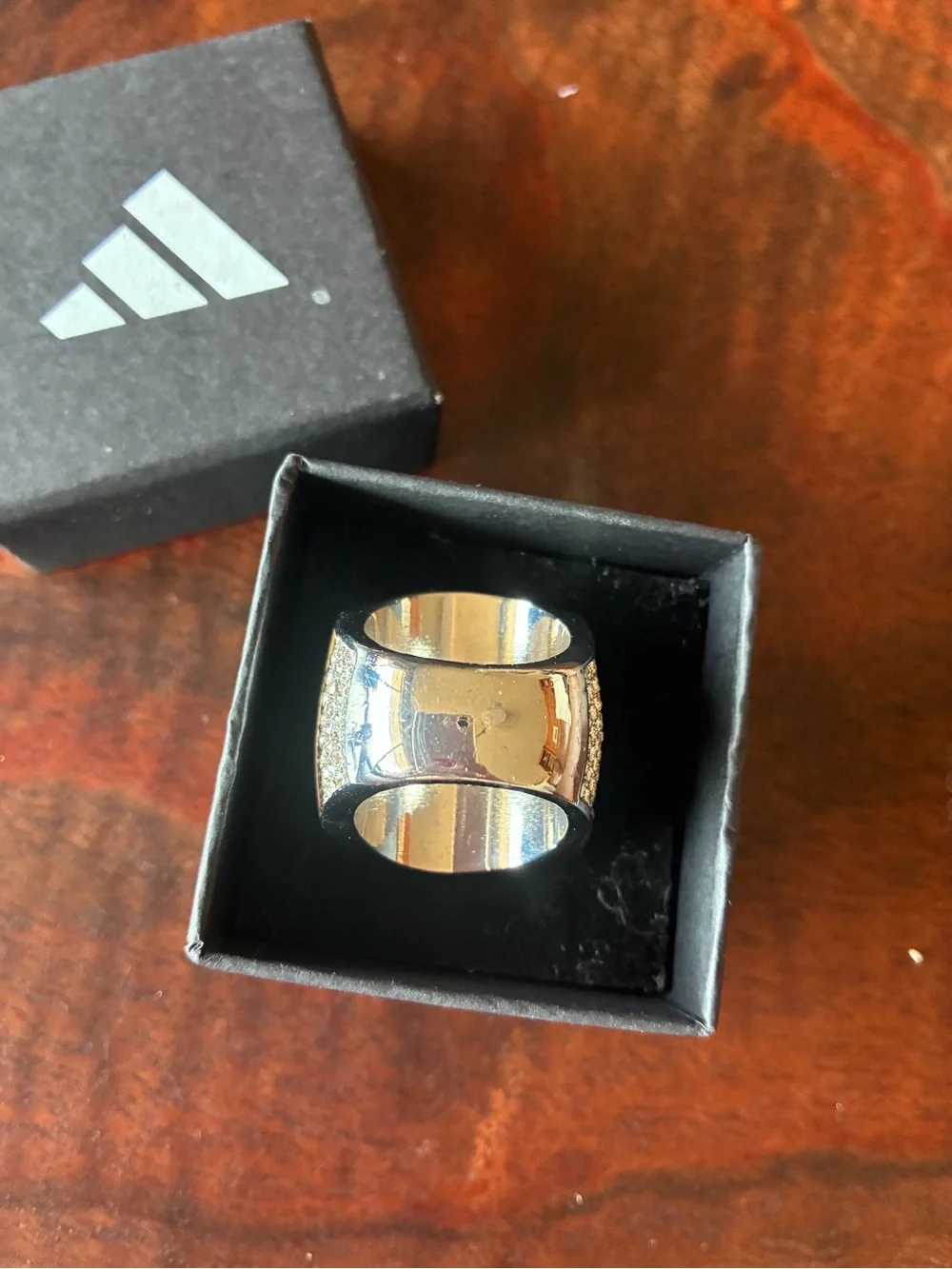 adidas Silver Tone Crystal Logo Ring with White Enamel Accents